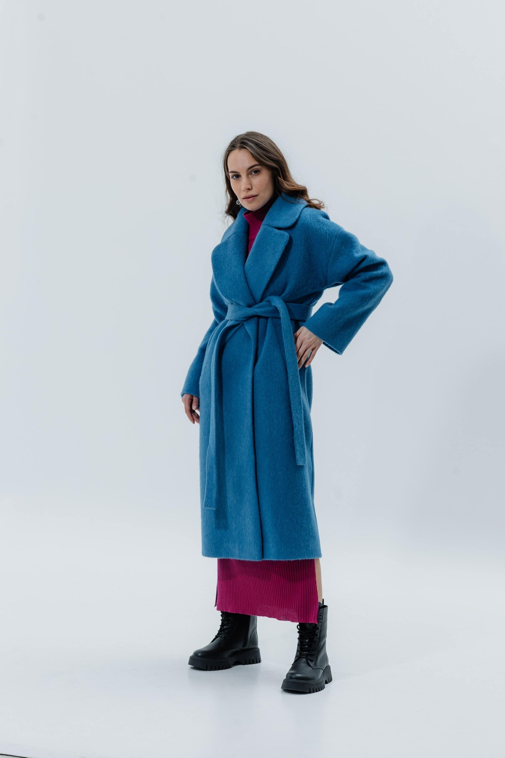 Double-breasted mohair coat with pile turquoise color