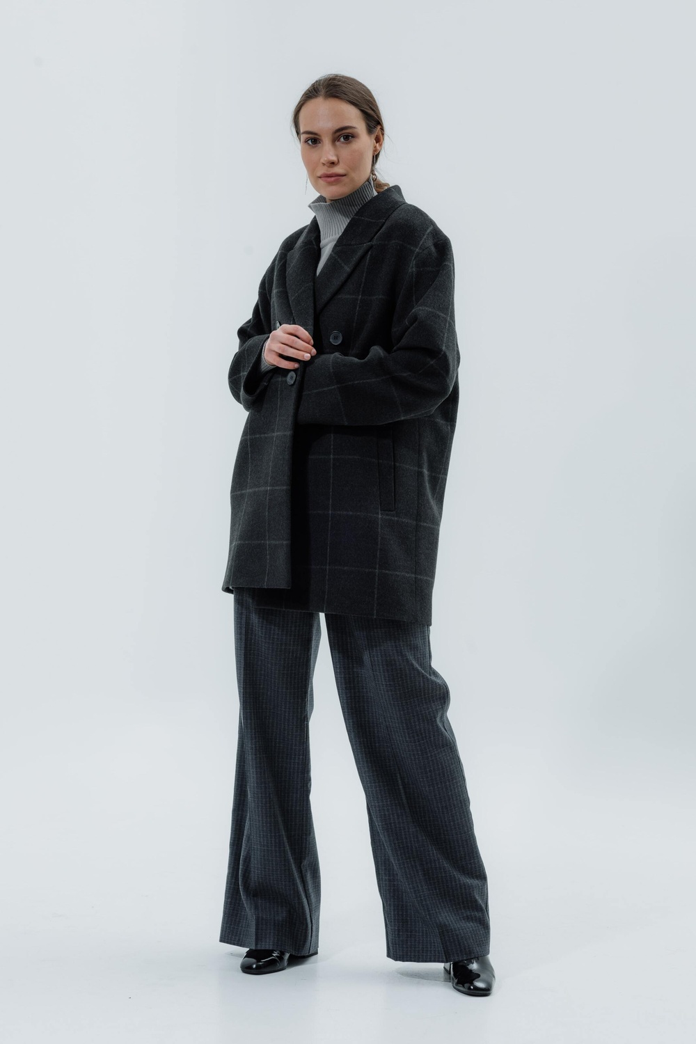 Пальто-жакет в мужском стиле из тонкой шерсти серая клетка 093_gray_check фото