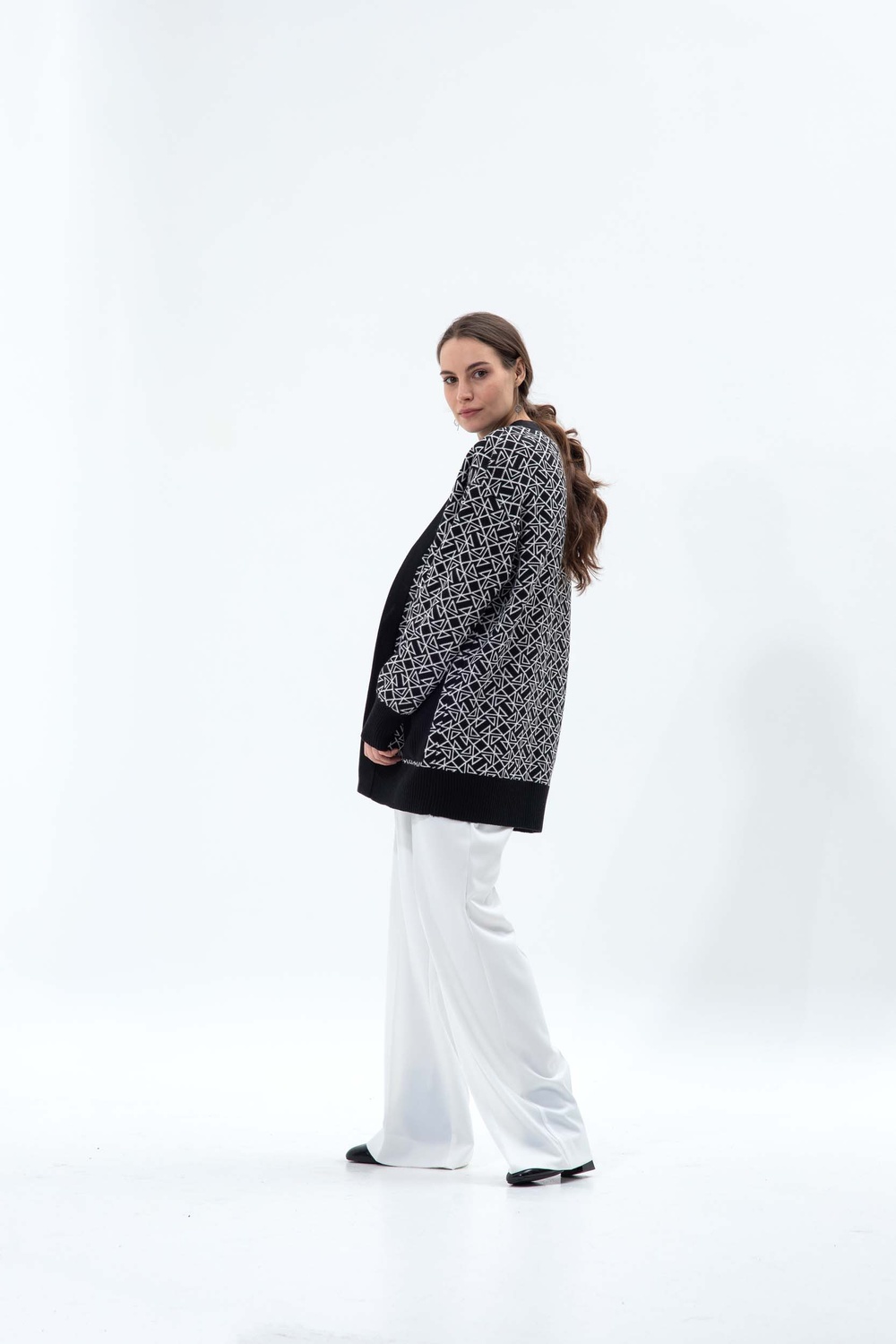 Long knitted cardigan from merino wool black logo, Black, S