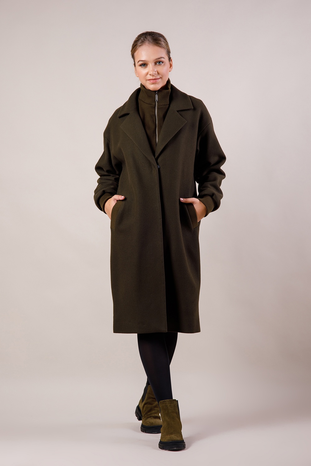 *Пальто утеплене вовняне з довязом колір хакі 19-13-khaki фото