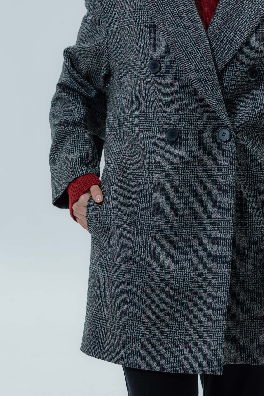 Пальто-жакет в чоловічому стилі з тонкої вовни сіро-червона клітина 093_gray_red_check фото