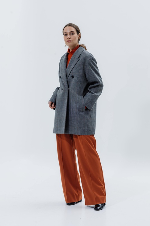 Пальто-жакет в мужском стиле из тонкой шерсти серо-оранжевая клетка 093_gray_orange_check фото