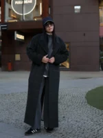 Double-breasted MAXI coat with soft shoulder, grey check
